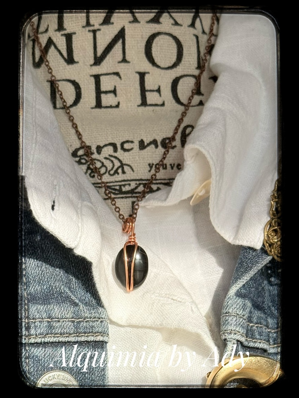 Onyx Black Stone Pendant with Copper Wire on Copper Chain